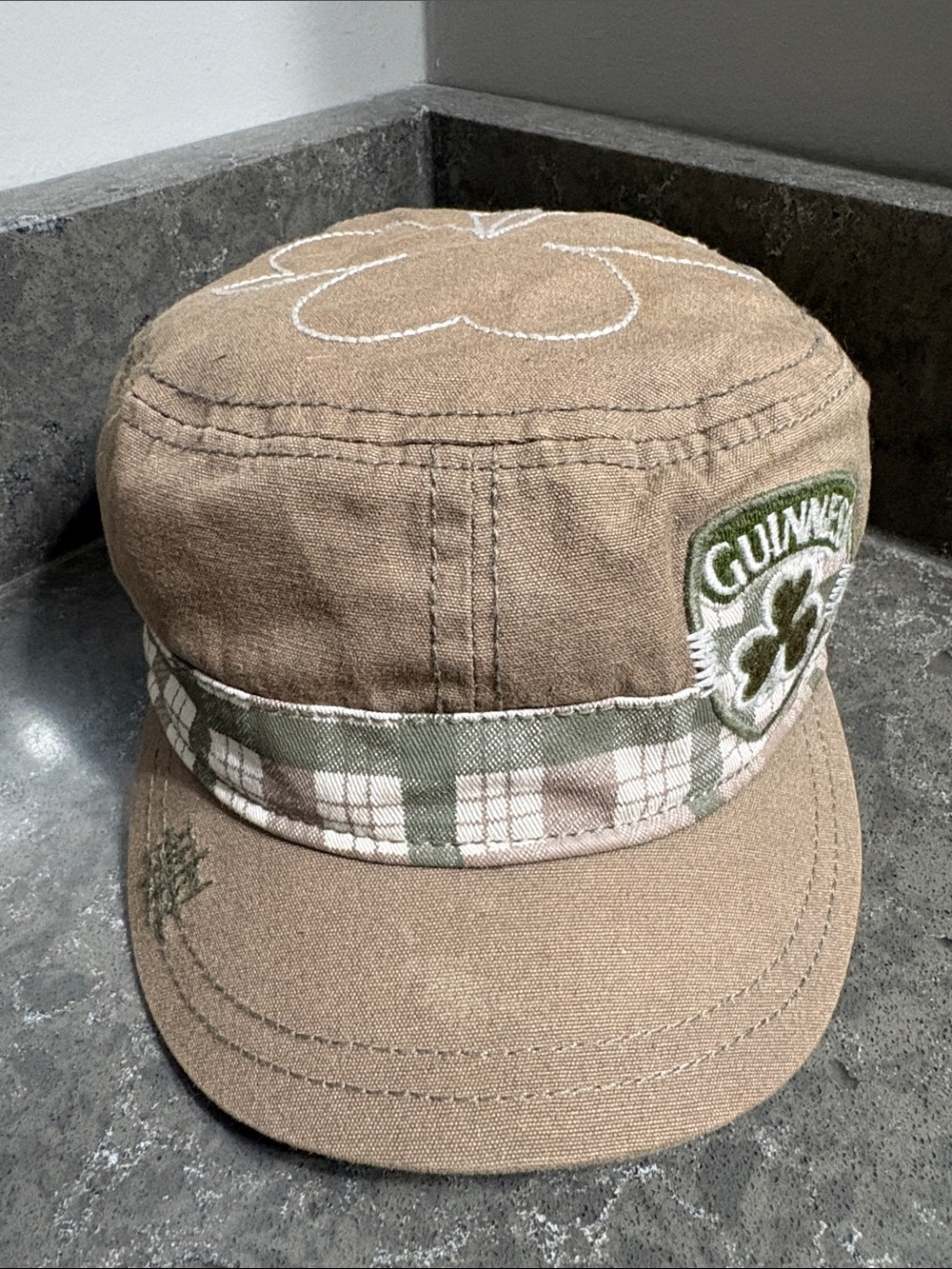 Unisex Guinness Brown Plaid Shamrock Cadet Military Cap - 100% Cotton